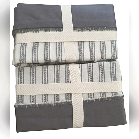 Linen Cotton Fringe Shams Shabby Chic Gray Striped Coastal Cottagecore Set of 2 - Picture 3 of 6